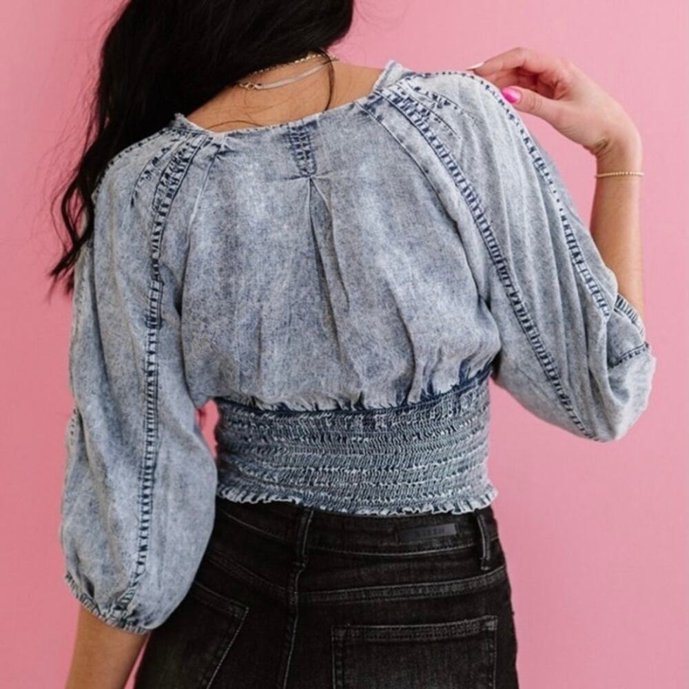 NEW Zenana Acid Wash Smocked Waist Puff Sleeve Denim Style Crop Top Modern Boho‎ - Picture 4 of 16